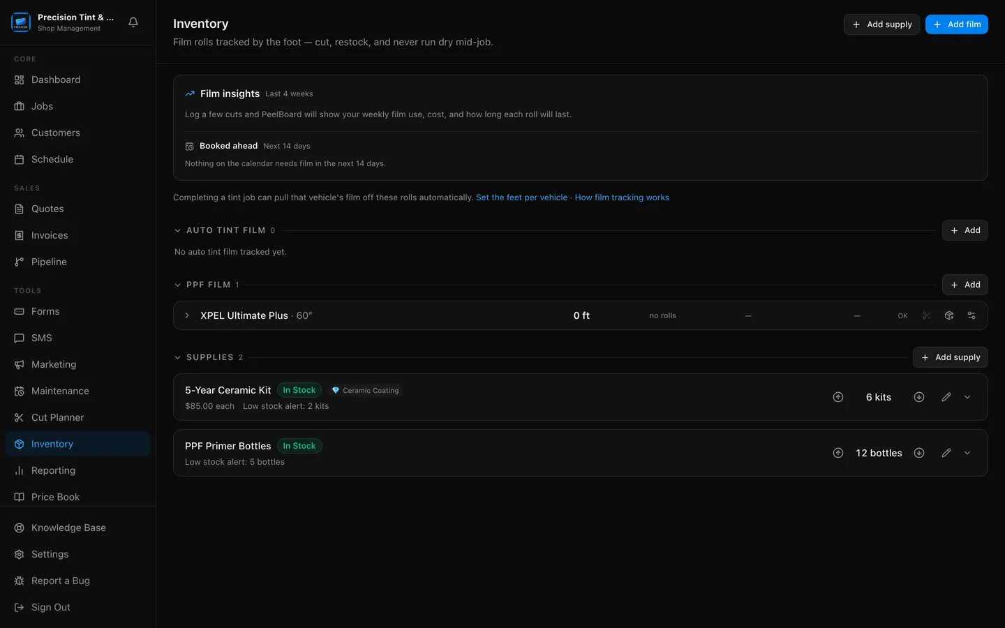 The PeelBoard inventory screen with film insights, a PPF roll tracked by the foot and in-stock supplies.