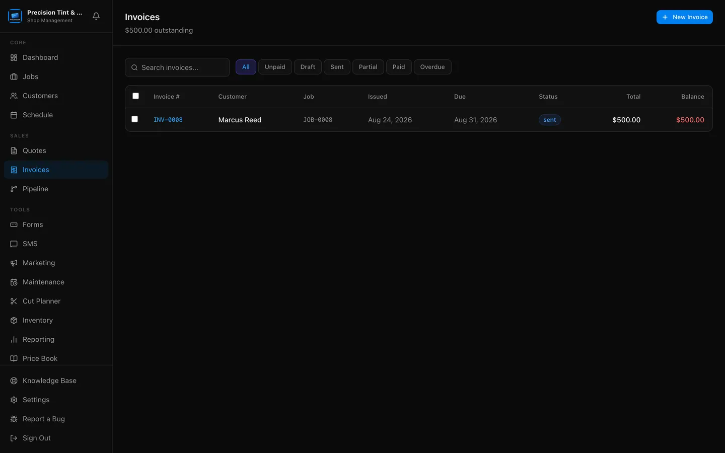The PeelBoard invoices screen with outstanding balance, status filters and an issued invoice.