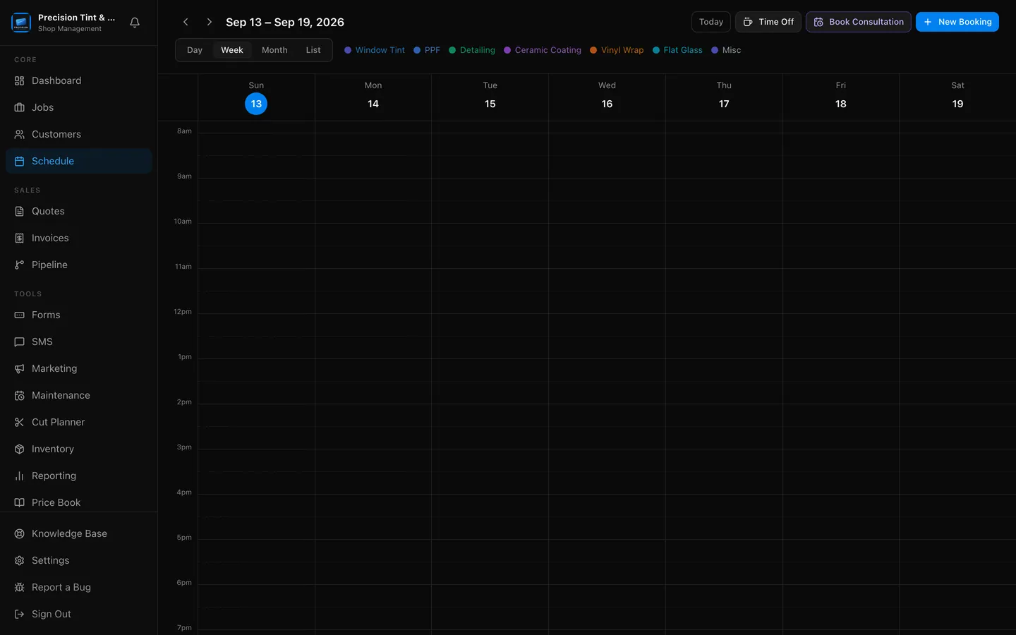 The PeelBoard schedule in week view with detailing appointments assigned to detailers.