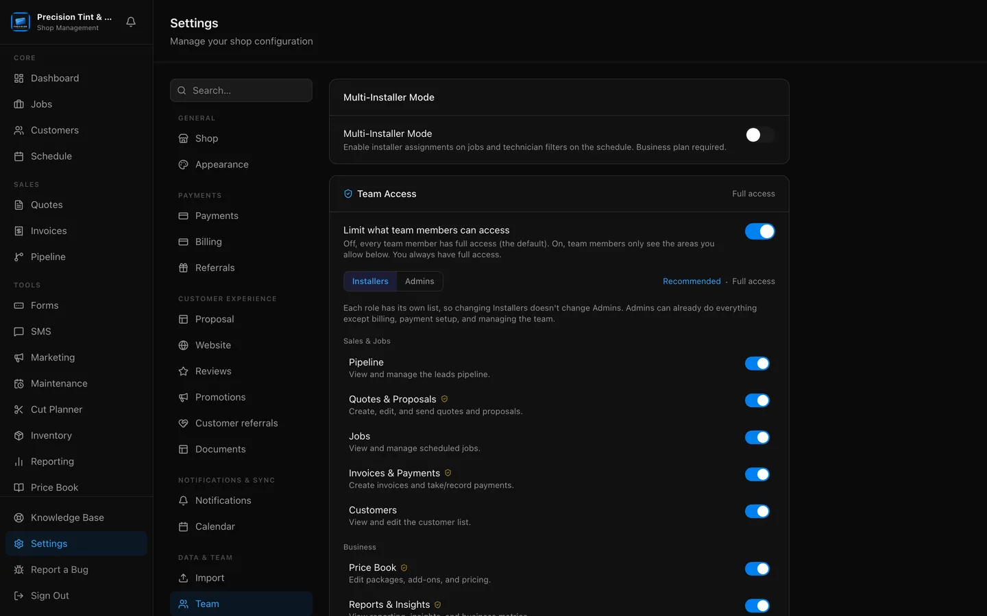 Team settings with per-feature permission toggles for each role.
