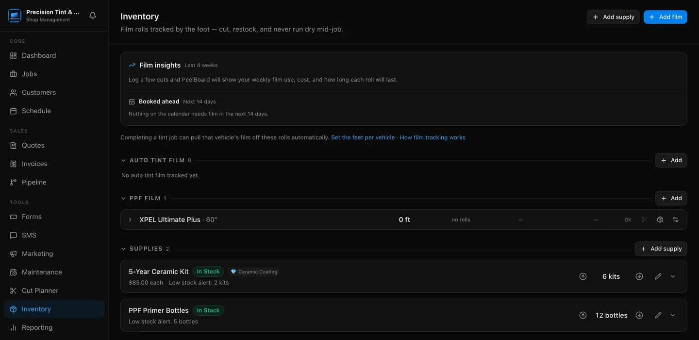 The inventory screen with film insights, a PPF roll tracked by the foot and in-stock supplies.