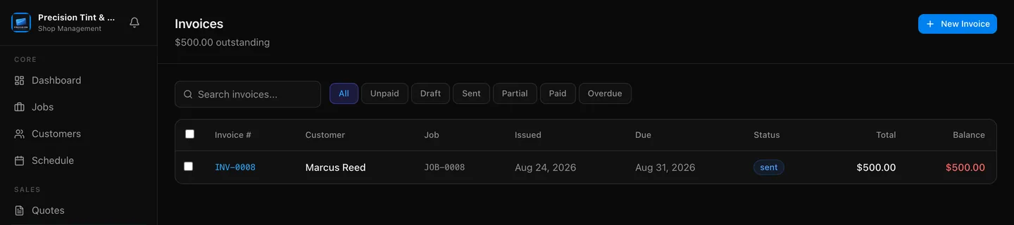 The PeelBoard invoices screen with outstanding balance, status filters and an issued invoice.