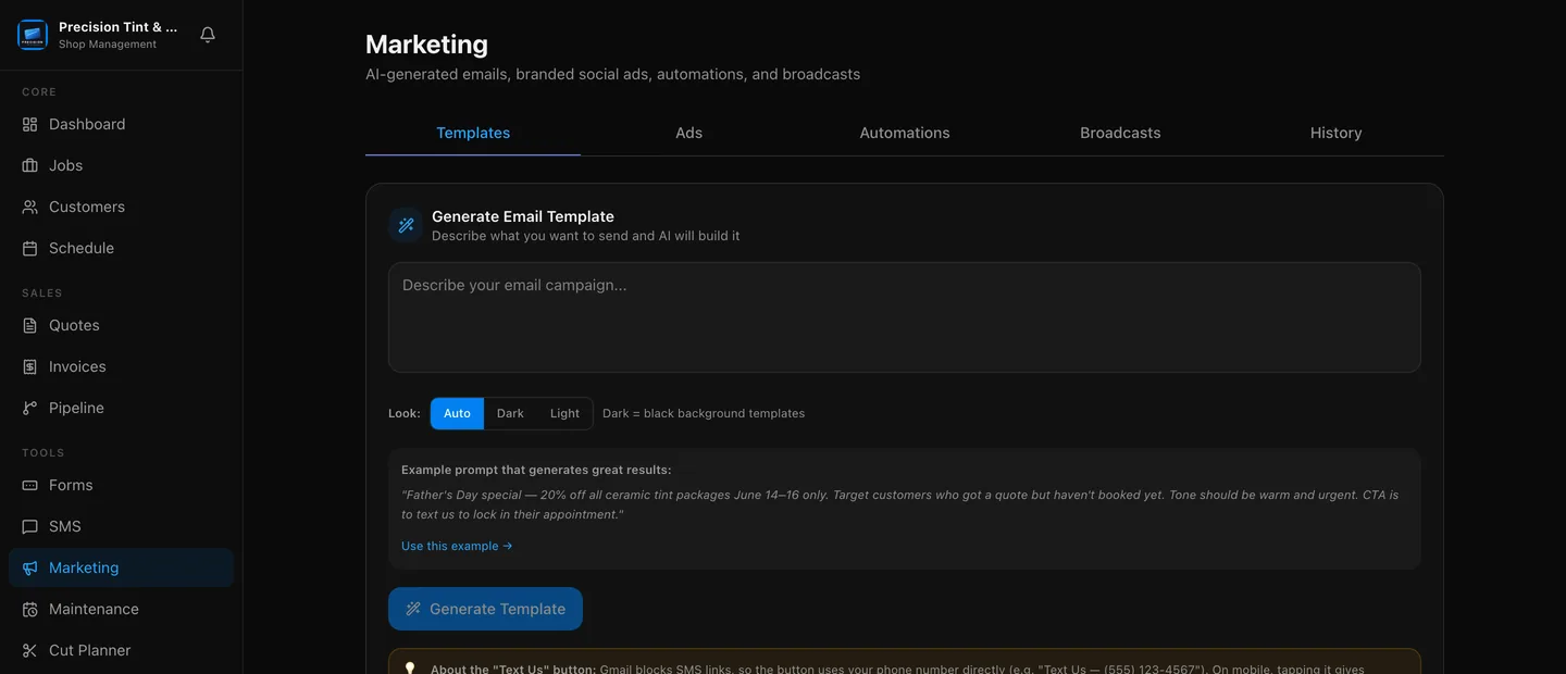 The marketing screen with tabs for templates, ads, automations and broadcasts, and the AI email generator.