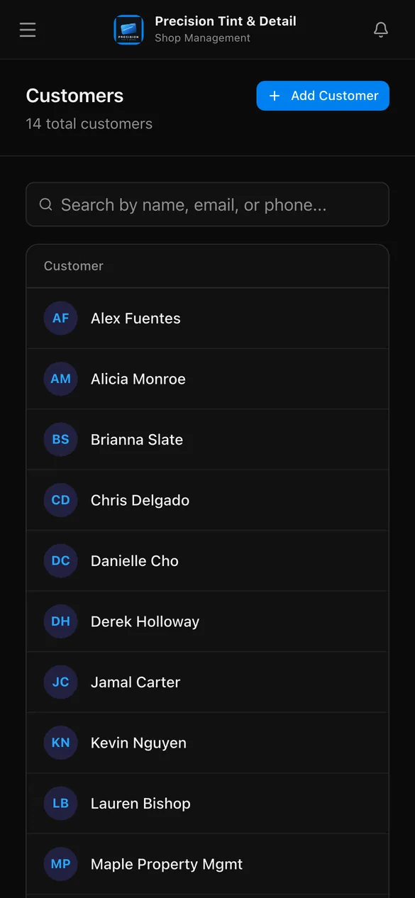 The customer list on a phone with names and contact details.