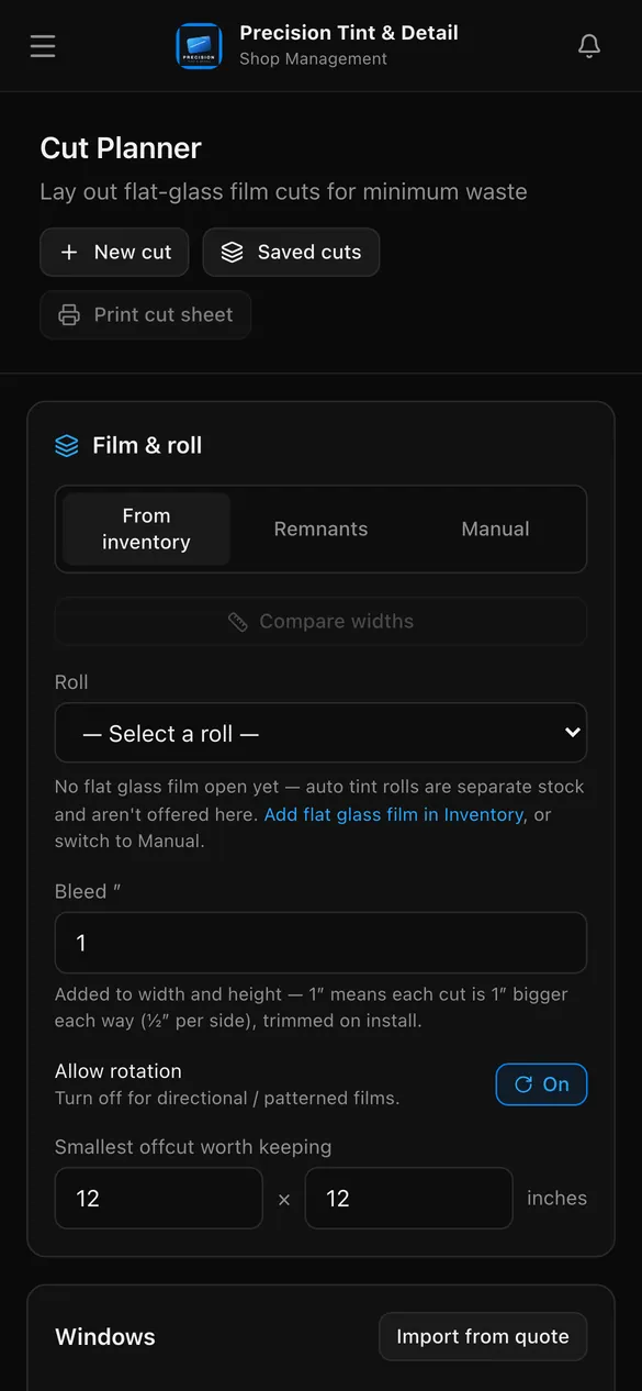 The Cut Planner on a phone, showing a planned cut list for a flat-glass job.