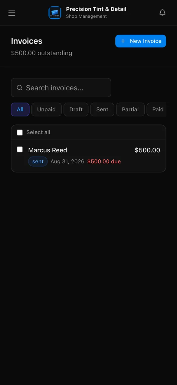 The PeelBoard invoices screen on a phone, with the outstanding balance and an issued invoice.