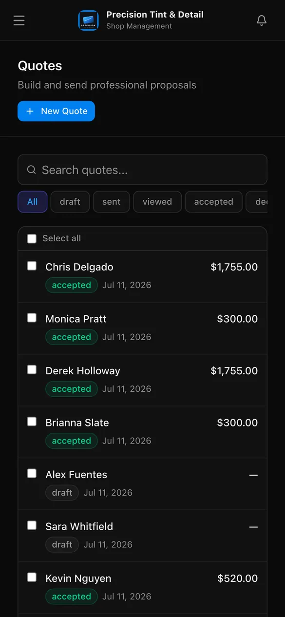 PeelBoard quotes on a phone, showing sent, accepted and draft proposals with their totals.